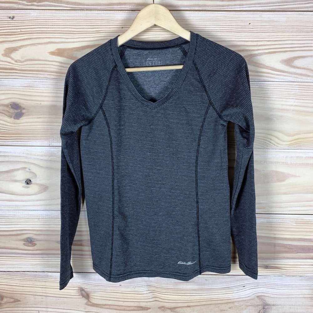 Eddie Bauer Shirt Women XS Grey Striped V-Neck Long Sleeve Activewear‎ Top Trail